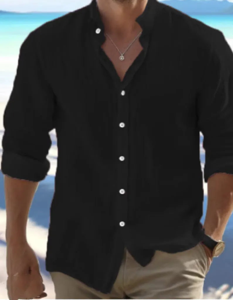 Men's white long-staple cotton pullover shirt with collage stitching detail, sizes S to 5XL