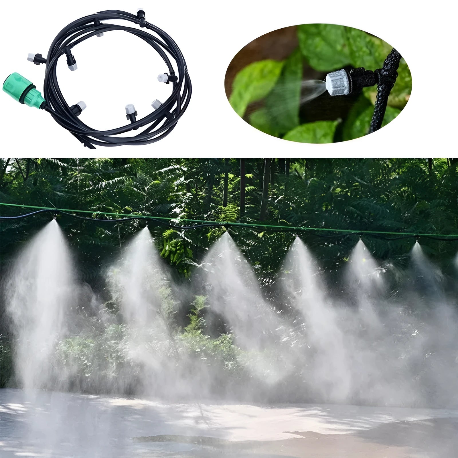 Green 10-metre garden irrigation hose with micro-spray system for water mist cooling