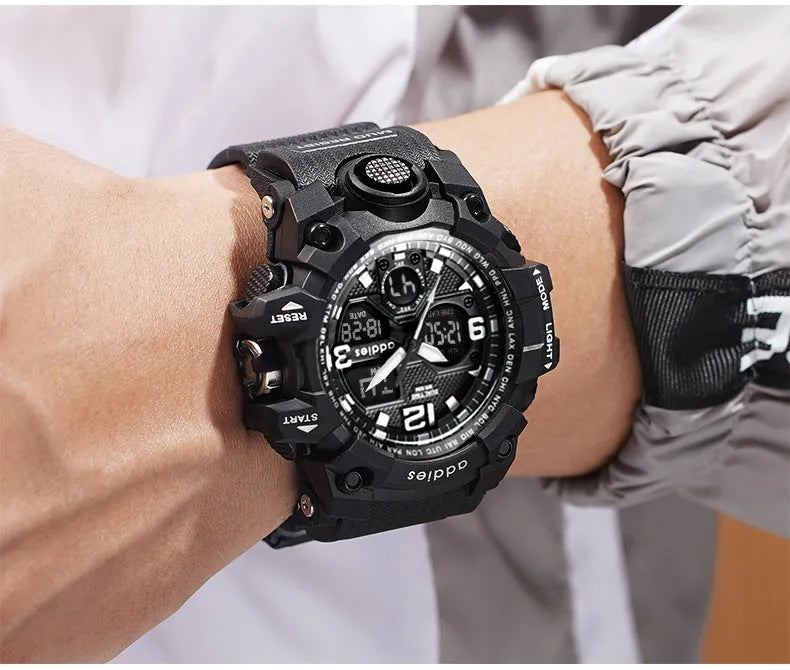 Men's electronic sports watch with dual display and stainless steel buckle in black, red, white and transparent white options
