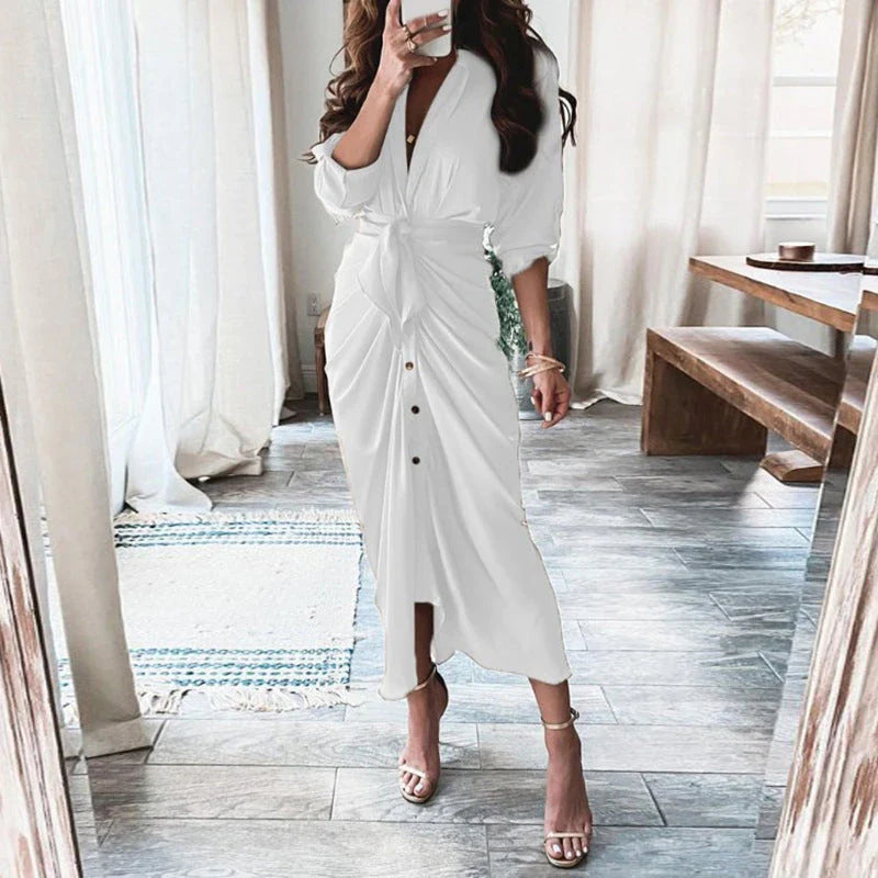 Elegant Floral Print Lace-Up Maxi Dress with Deep V-Neck, Long Sleeves, and Flattering Silhouette