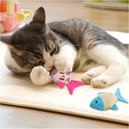 Two plush fish cat toys in blue and orange with catnip and crinkle sound features