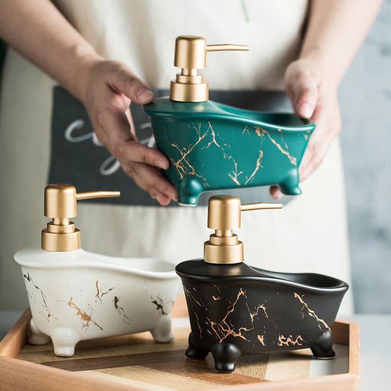 Ceramic hand sanitizer dispenser with marble pattern design in white, green, and black