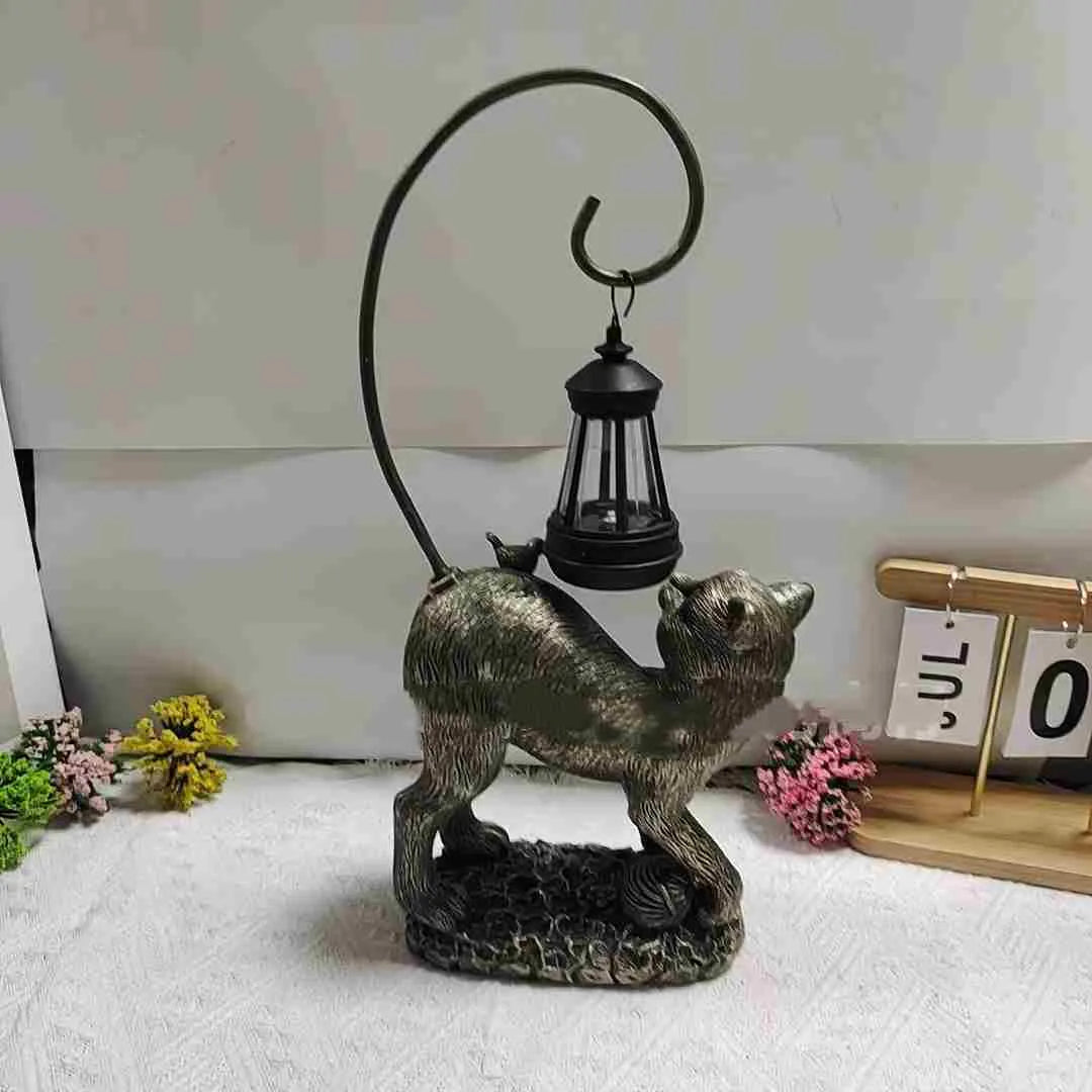 Bronze resin cat solar garden lamp for outdoor courtyard and garden decoration
