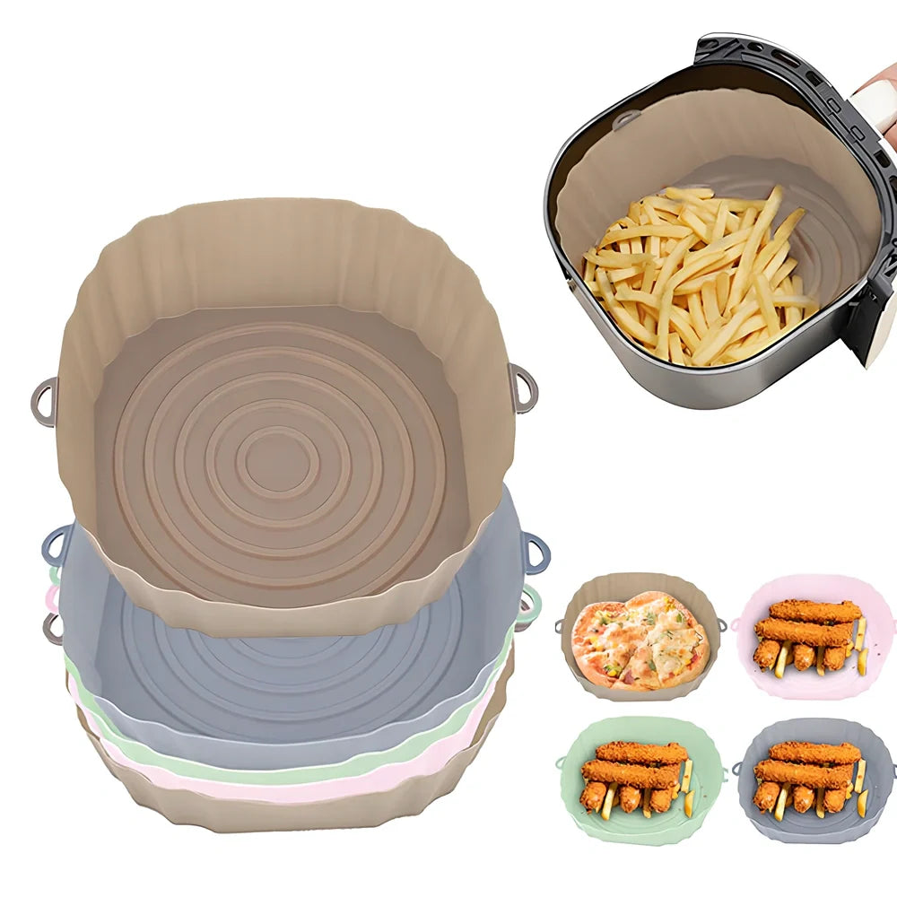 Silicone air fryer basket liner in light grey colour showing 4.5cm depth and flexible design for round air fryers