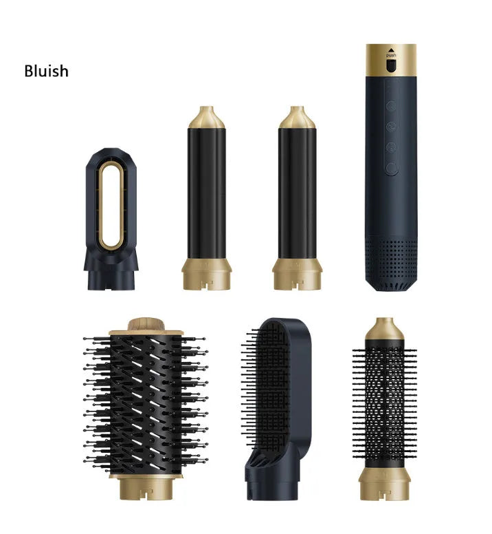Electric hot air styling comb with six attachments for curling and straightening hair in leather case