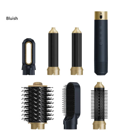 Electric hot air styling comb with six attachments for curling and straightening hair in leather case