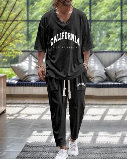 Cropped sleeves V-neck trousers suit in thin polyester fabric, available in multiple colours and sizes from S to 6XL