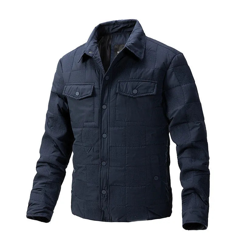 Men's black quilted polo collar jacket with wool lining on a hanger