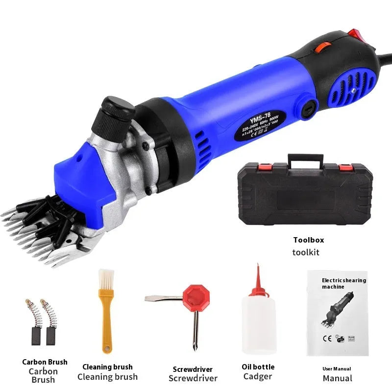 Yellow electric wool shearing tool with 13-tooth blade, multiple blade sets, and maintenance accessories in plastic storage box