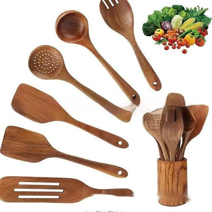 7-piece wooden kitchen utensil set with spoon, spatula, and soup spoon on a table