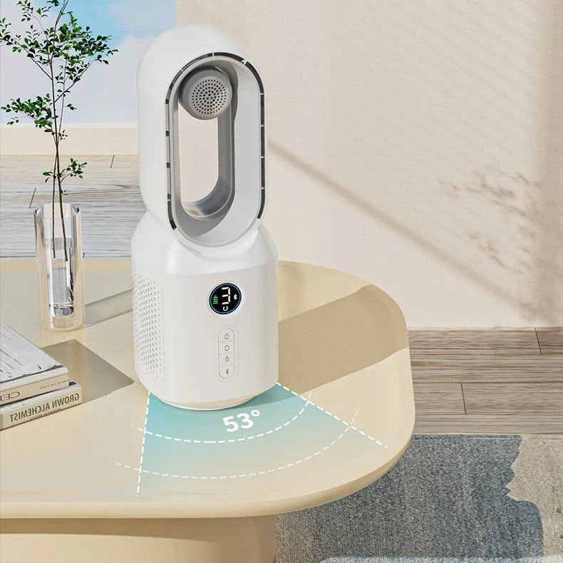 Rechargeable bladeless fan with Bluetooth speaker and LED night light for home decor and comfort