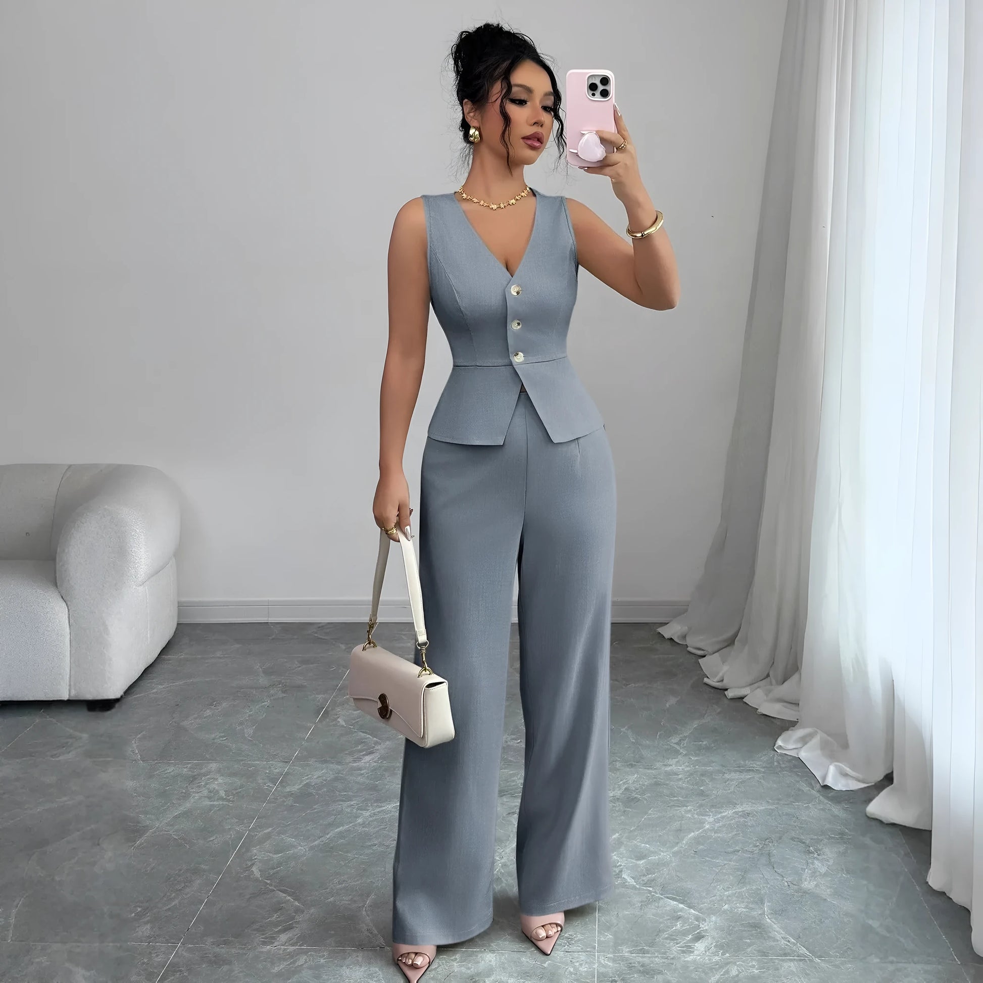 Women's sleeveless vest and high-waist trousers two-piece set in solid colour