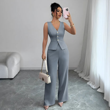 Women's sleeveless vest and high-waist trousers two-piece set in solid colour