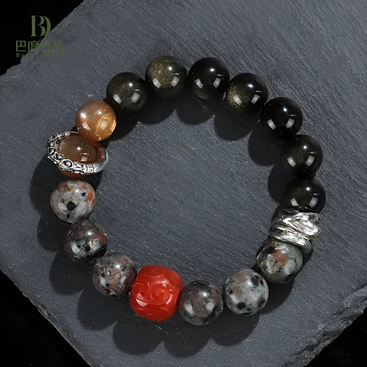 Gold obsidian, flame stone and red agate beads on unisex bracelet with manual processing