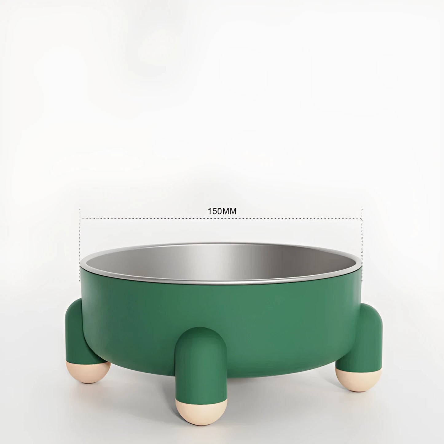 Green stainless steel pet bowl with anti-overturn base and high foot for dogs and cats.