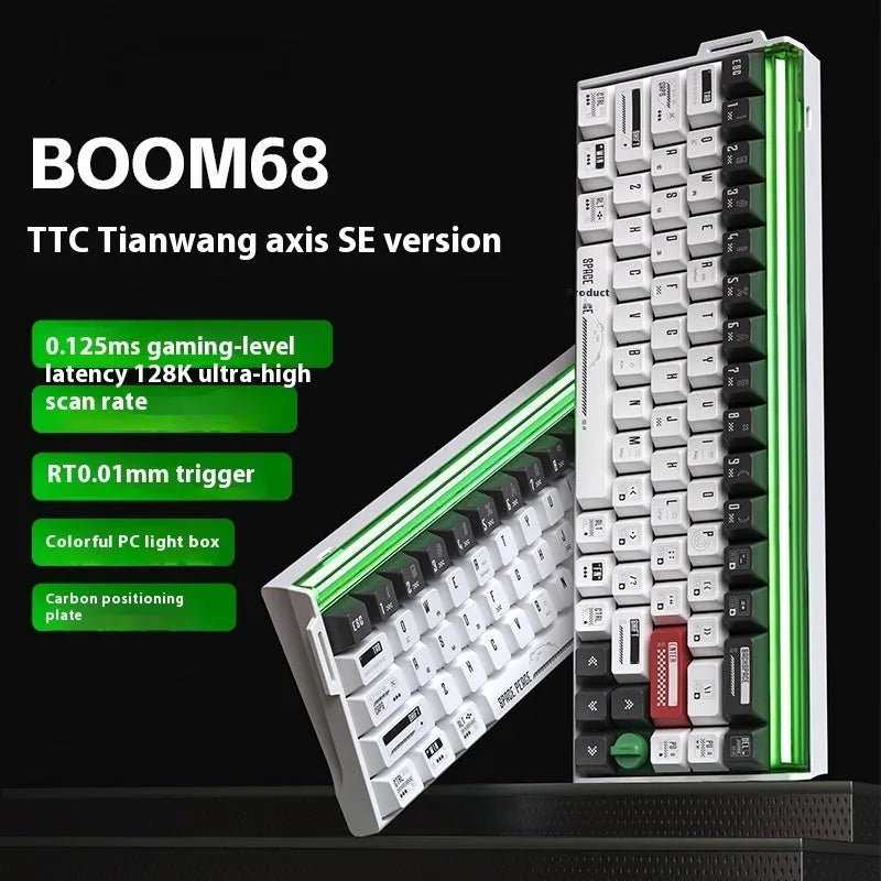 BOOM68 magnetic axis mechanical keyboard with 68-key compact layout and RGB backlighting on gaming desk