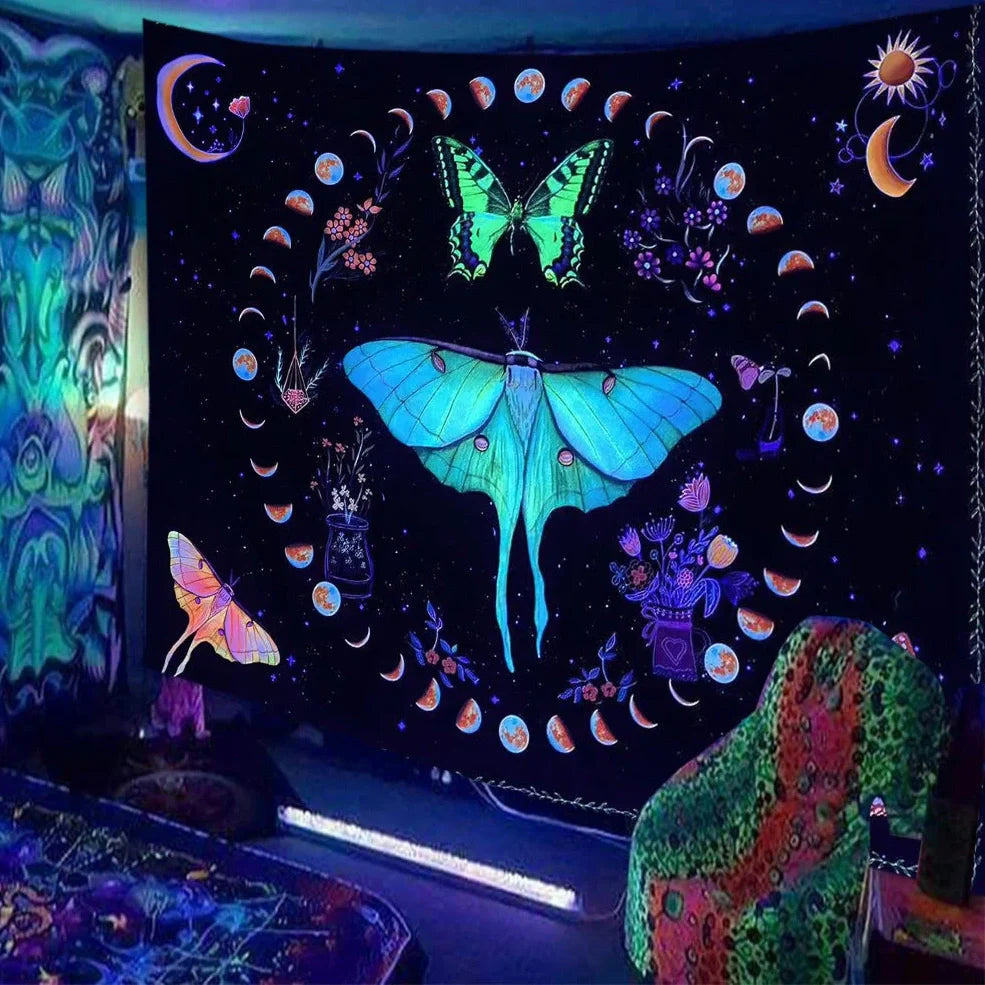 Skull print fluorescent wall tapestry showing detailed pattern on polyester fabric with hanging accessories