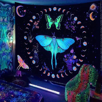 Skull print fluorescent wall tapestry showing detailed pattern on polyester fabric with hanging accessories