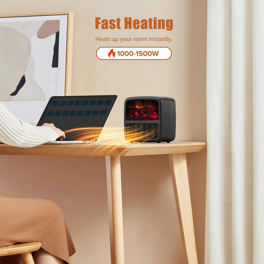 Black desktop electric space heater with ceramic heating element and mechanical controls measuring 22cm square