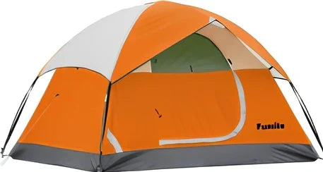 Orange two-person hiking tent with fiberglass poles showing 213cm length and waterproof construction