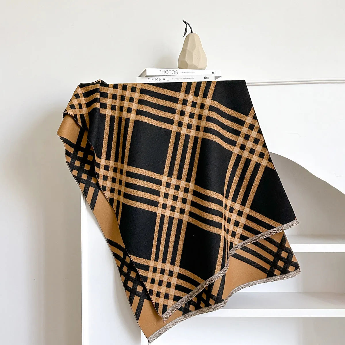 Cashmere-like winter scarf with tassels in brown, black, black camel or khaki colours
