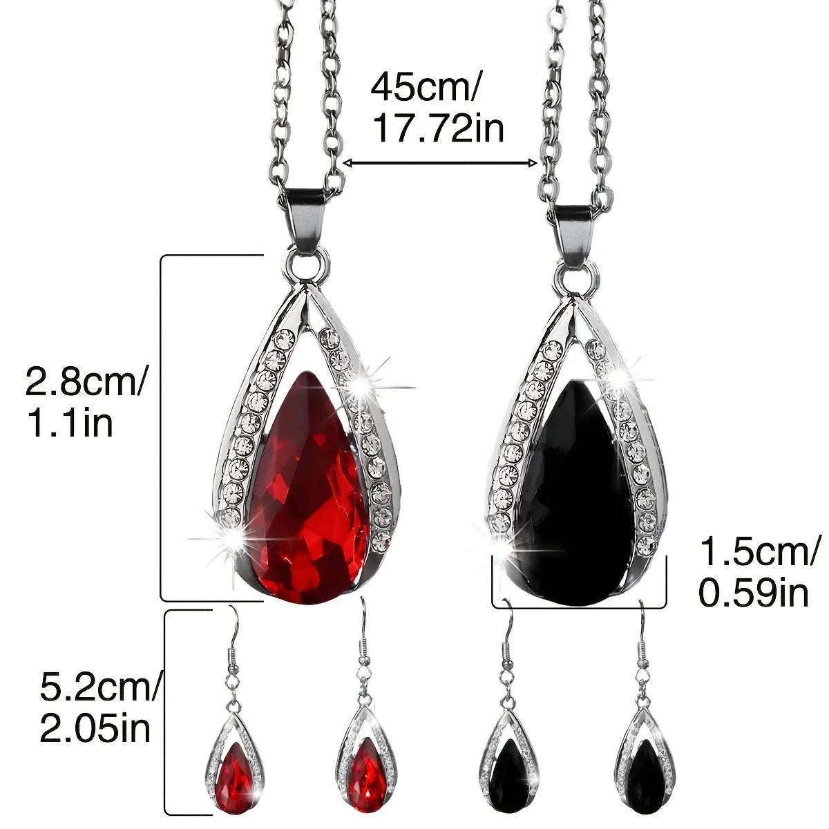 Black red teardrop glass pendant necklace and earrings suite with water droplet design elements on alloy jewellery