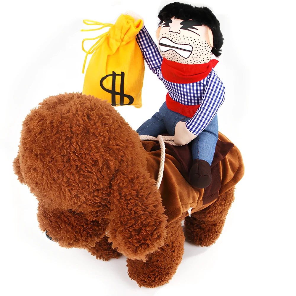 Pet wearing cartoon cowboy costume with knight-style design and matching hat, showing multiple colour options