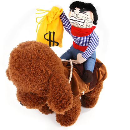 Pet wearing cartoon cowboy costume with knight-style design and matching hat, showing multiple colour options
