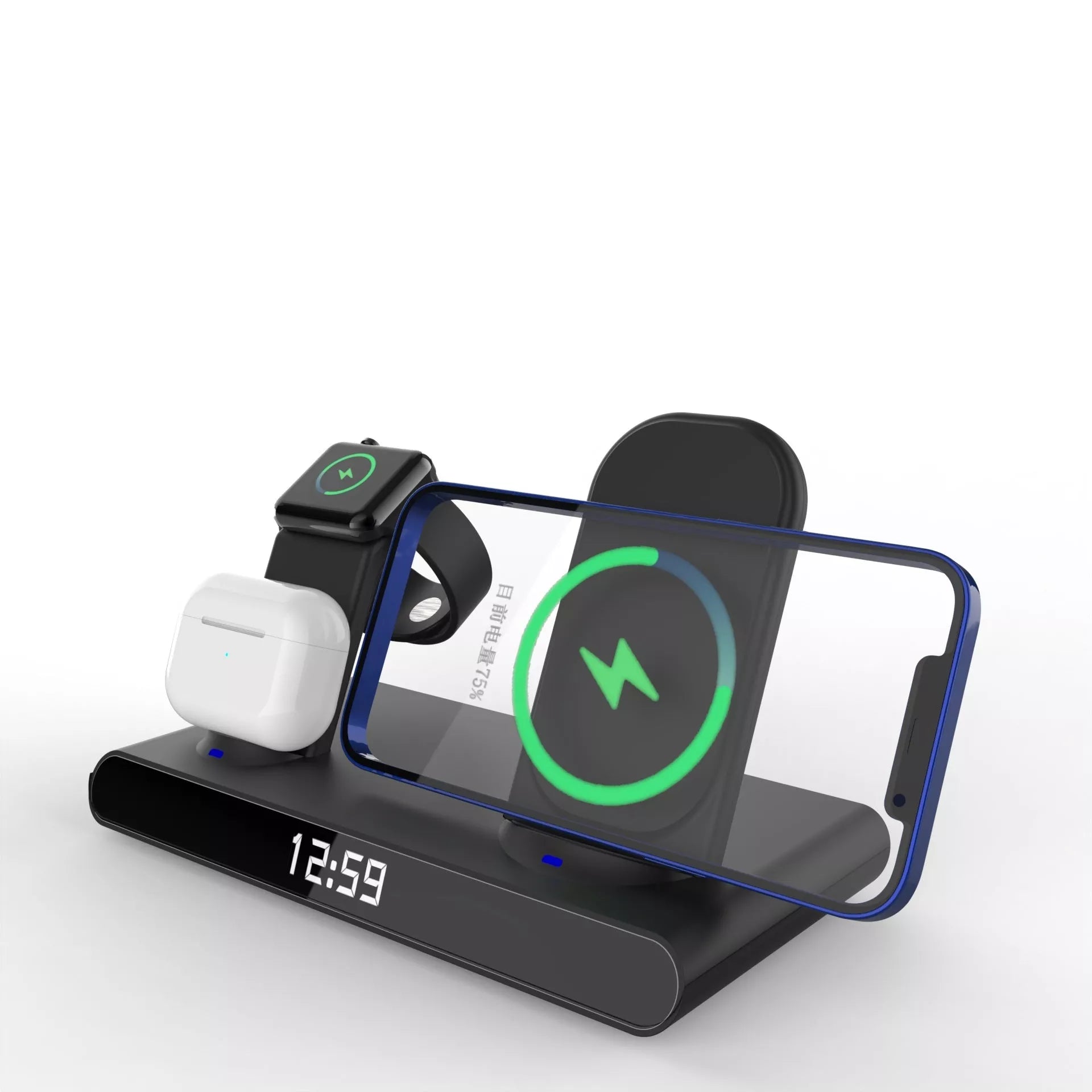 Clock 15W 3-in-1 Wireless Charger in black and white, compatible with Qi-enabled devices