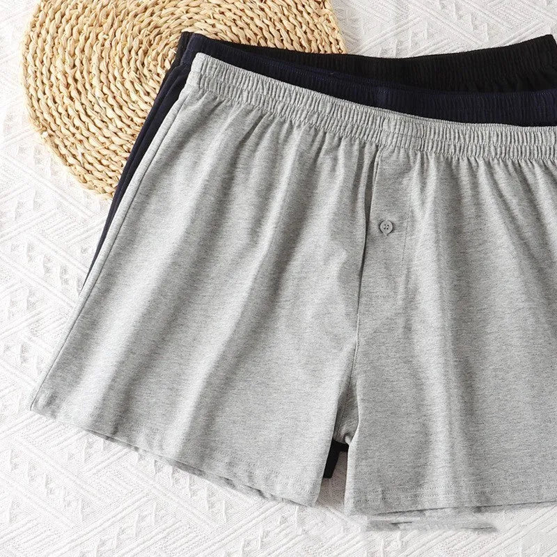 Men's cotton boxer shorts with loose fit and high waist, pure cotton fabric for breathability in four seasons, available in sizes L XL XXL XXXL in black, light grey, and navy blue colours