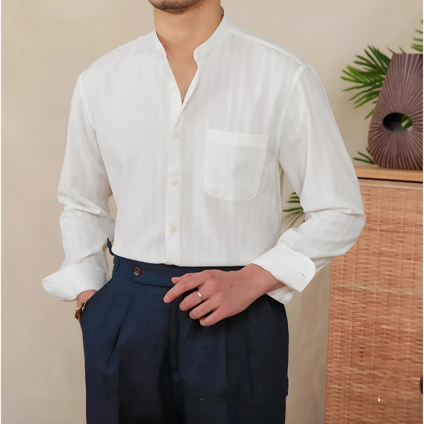 Blue and white seersucker stripe long sleeve shirt with a loose lapel baseball collar