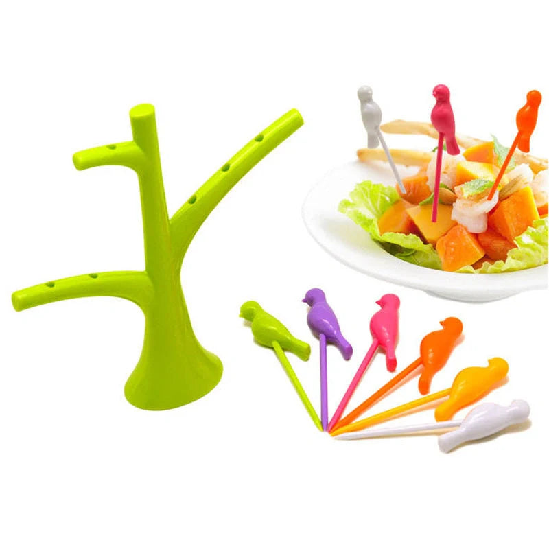 Colorful plastic fruit fork set for kids with tree and birds design