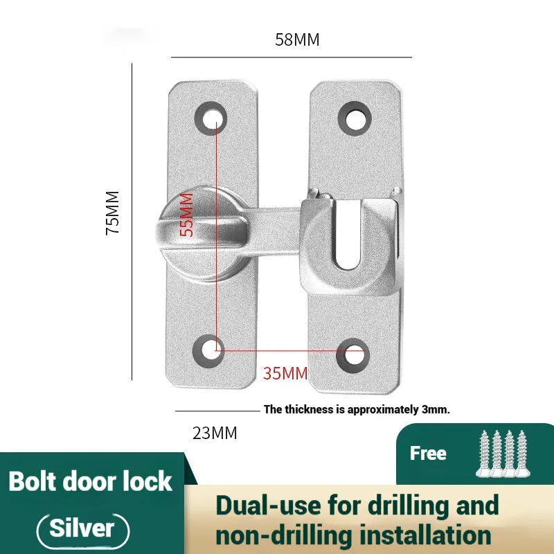 Aluminium alloy punch-free door latch with screws in silver finish showing universal angle adjustment mechanism
