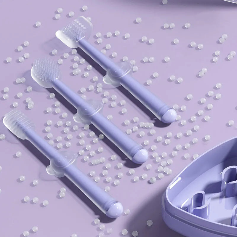 Pet toothbrush with soft silicone bristles and long handle for gentle teeth cleaning to reduce tartar and improve bad breath in cats and dogs - available in blue, green, or purple