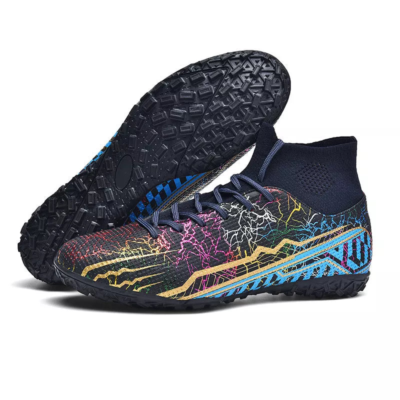 Youth High-Top Spike Turf Soccer Shoes in various colors for enhanced grip and comfort on the field.