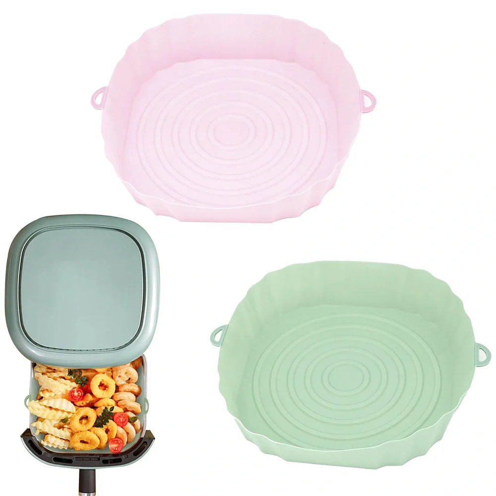 Silicone air fryer basket liner in light grey colour showing 4.5cm depth and flexible design for round air fryers