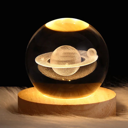 Crystal ball night light projecting 3D starry sky and planets with solid wood base