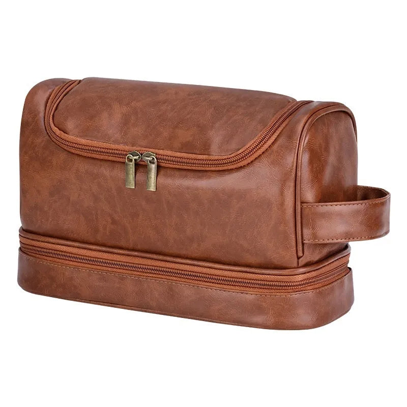 PU leather cosmetics storage bag with hook in black, brown or dark brown, simple modern travel wash bag