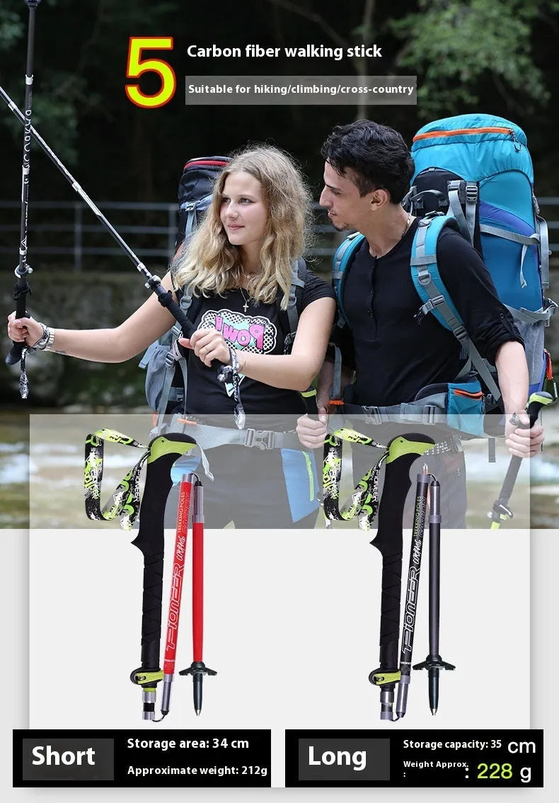 Carbon fibre folding climbing cane with telescopic sections, tungsten steel tip, and EVA foam handle