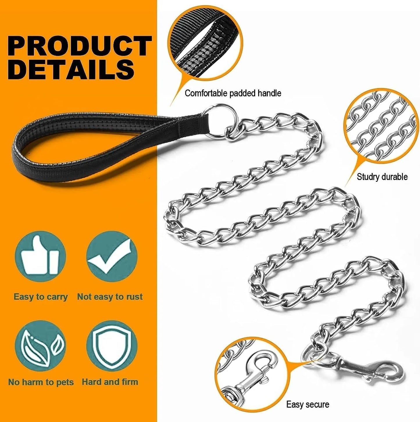 Heavy duty metal dog leash with chew-proof chain and soft padded handle in black, blue, or red colours