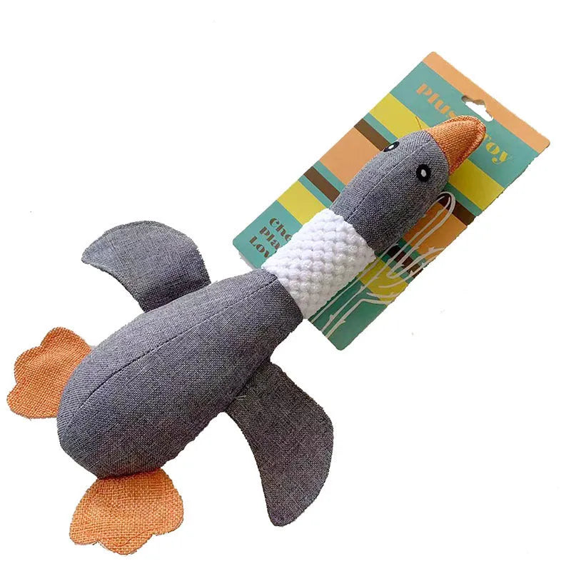 Blue plush duck dog toy with two squeakers, measuring 33 cm, for chewing and teeth cleaning