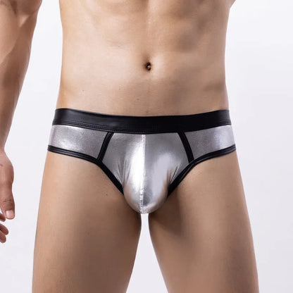 Men's low-waist bikini swim briefs in patent leather gold, red, or silver colours with body-shaping polyester construction