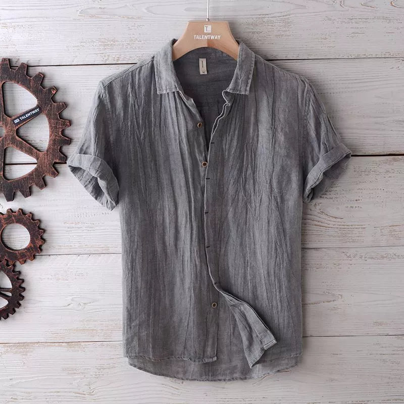Men's solid color retro distressed linen shirt in white, blue, and gray