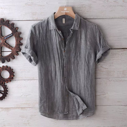 Men's solid color retro distressed linen shirt in white, blue, and gray