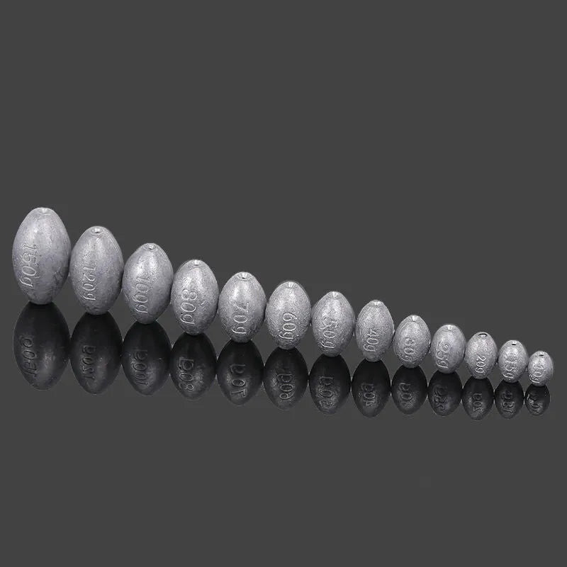 Scale Tongxin Sinker Sea Fishing Explosive Hook Plastic Core Olive Lead: Rugby-shaped electrolytic lead sinker with inner plastic core for improved casting distance and bait protection in 10-150g weights