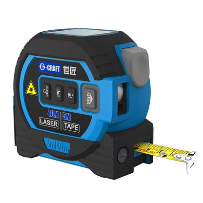 Blue 3-in-1 laser tape measure showing 5m tape extended and 60m infrared beam for construction ranging