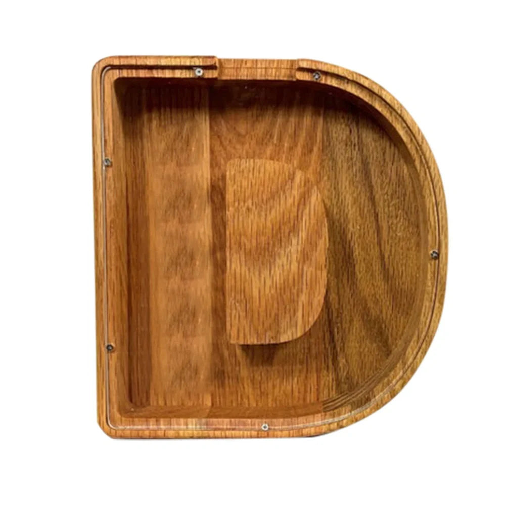 Handmade wooden letter piggy bank with personalised initial, showing 15cm height and 5cm coin slot for UK coins