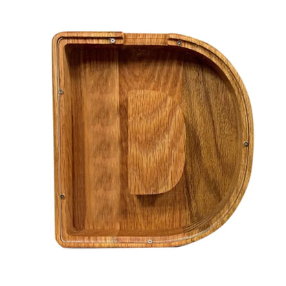 Handmade wooden letter piggy bank with personalised initial, showing 15cm height and 5cm coin slot for UK coins