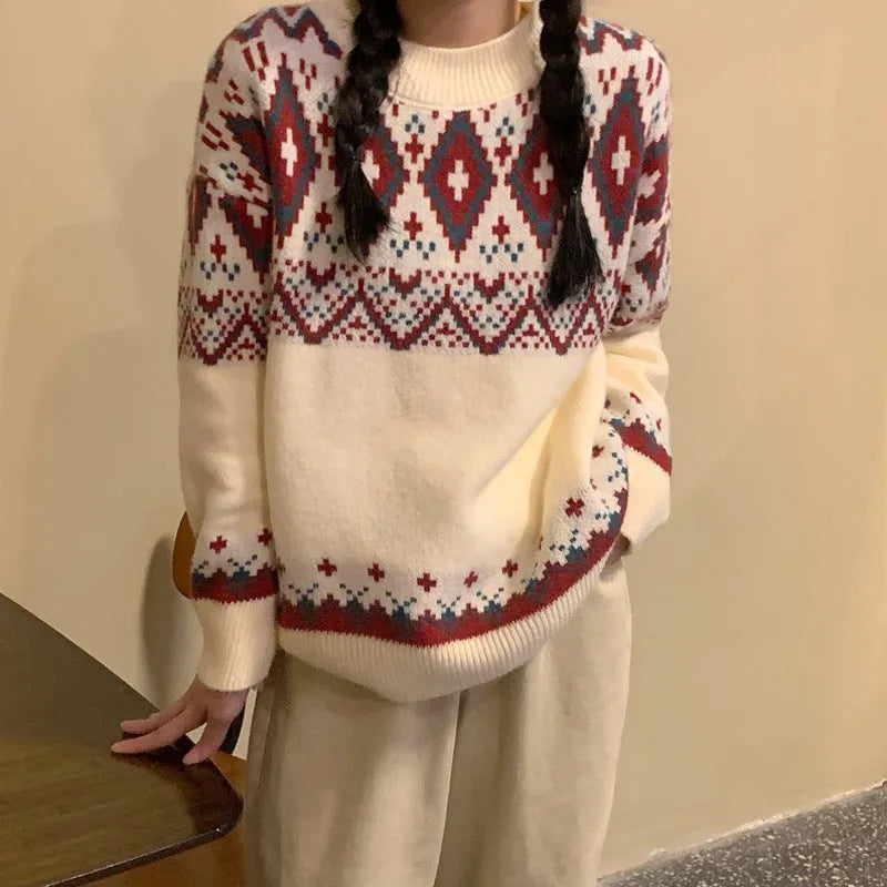 Striped long-sleeve pullover top in red or white, loose retro idle style, free size fit