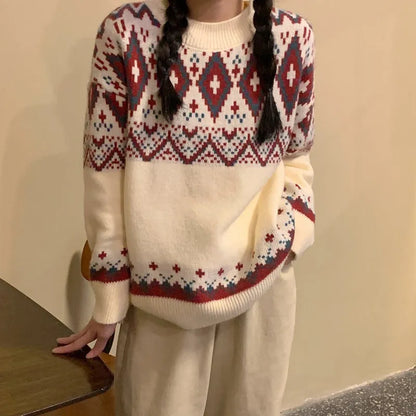 Striped long-sleeve pullover top in red or white, loose retro idle style, free size fit